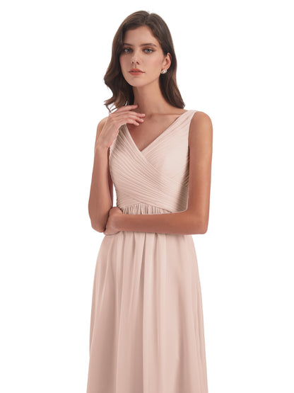 Evalyn V-neck Straps Chiffon Long Bridesmaid Dresses