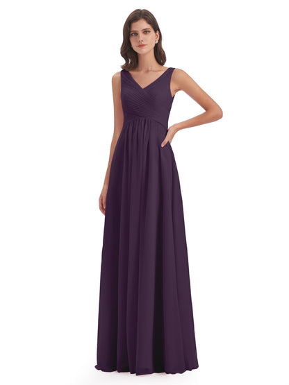Evalyn V-neck Straps Chiffon Long Bridesmaid Dresses