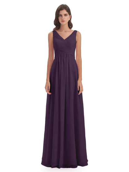 Evalyn V-neck Straps Chiffon Long Bridesmaid Dresses