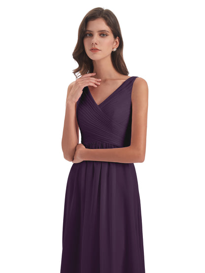 Evalyn V-neck Straps Chiffon Long Bridesmaid Dresses