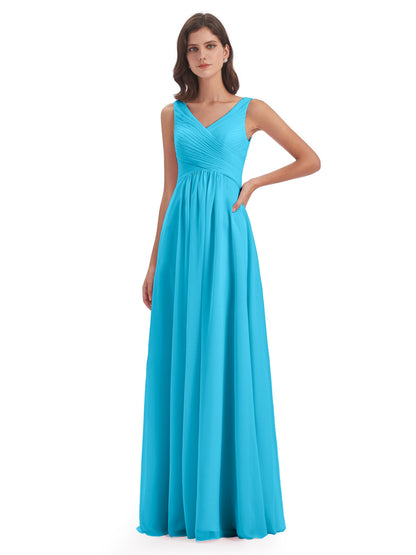 Evalyn V-neck Straps Chiffon Long Bridesmaid Dresses