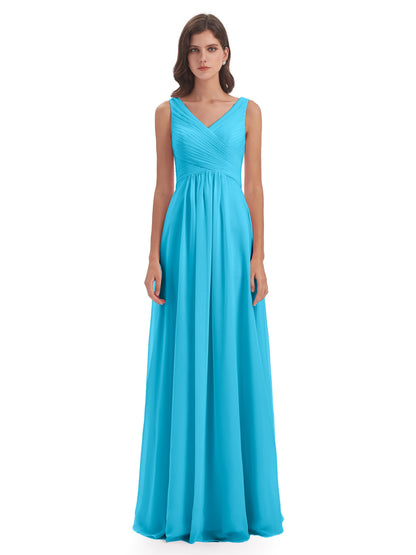 Evalyn V-neck Straps Chiffon Long Bridesmaid Dresses
