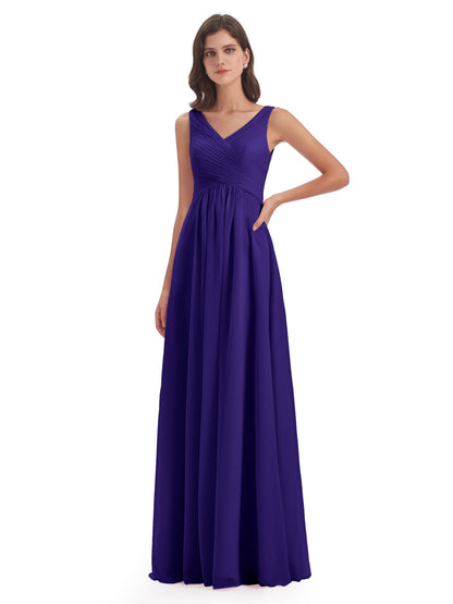 Evalyn V-neck Straps Chiffon Long Bridesmaid Dresses