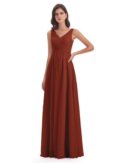Evalyn V-neck Straps Chiffon Long Bridesmaid Dresses