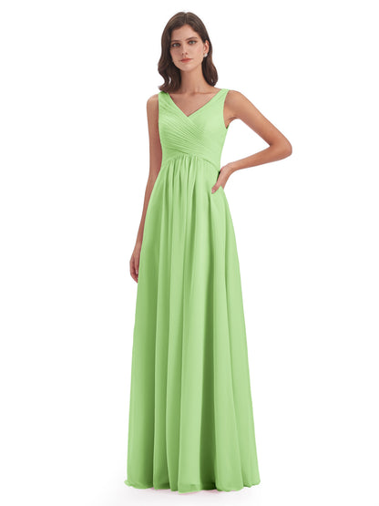 Evalyn V-neck Straps Chiffon Long Bridesmaid Dresses