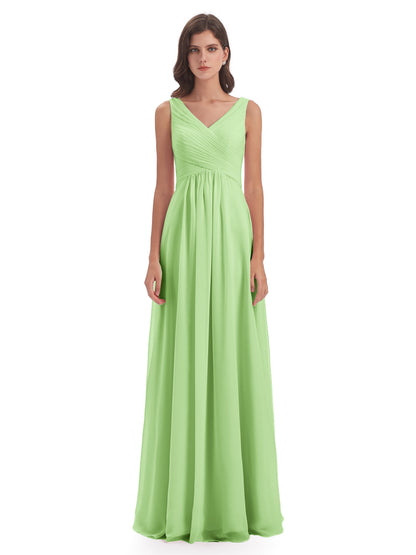 Evalyn V-neck Straps Chiffon Long Bridesmaid Dresses