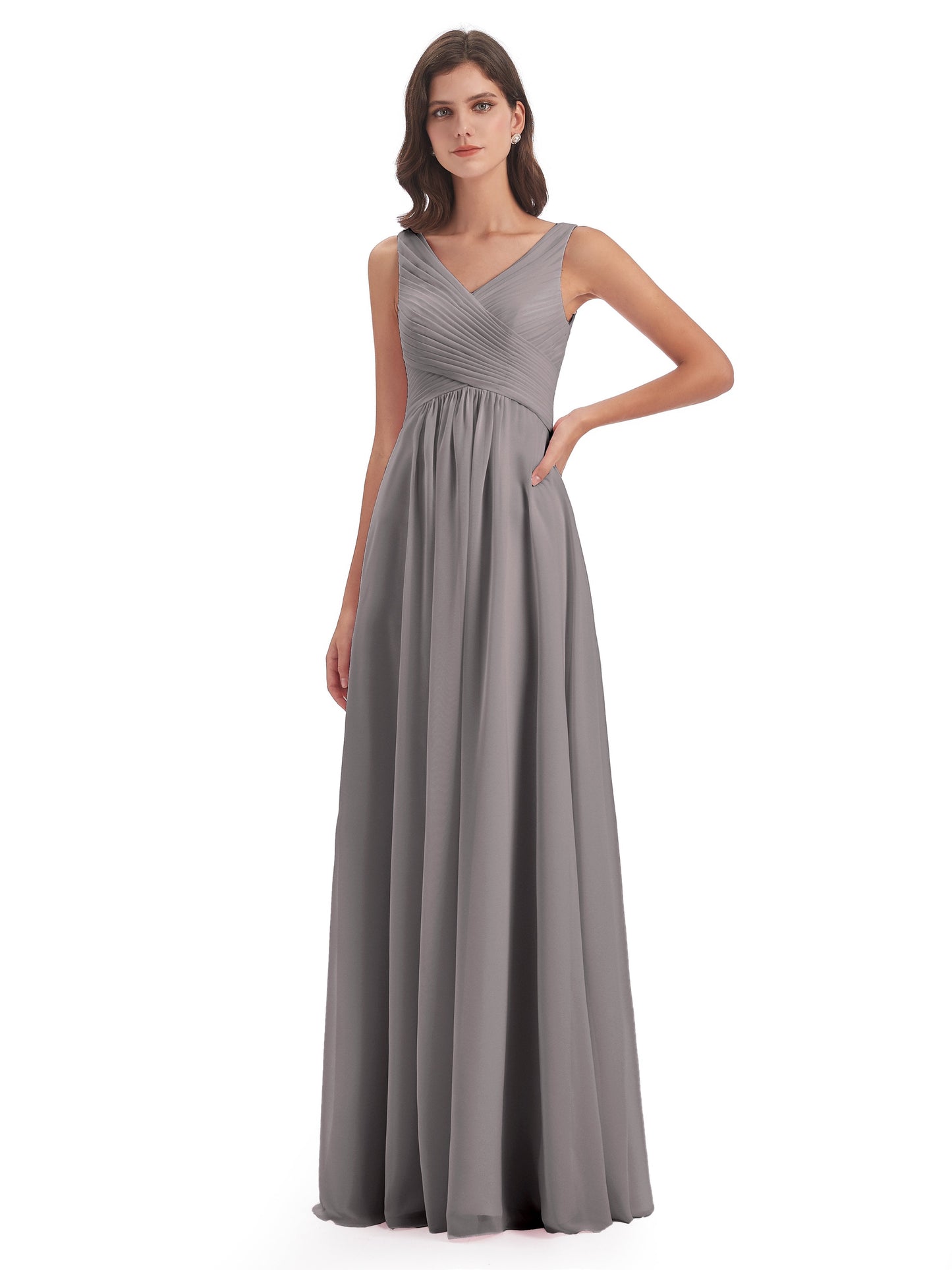 Evalyn V-neck Straps Chiffon Long Bridesmaid Dresses