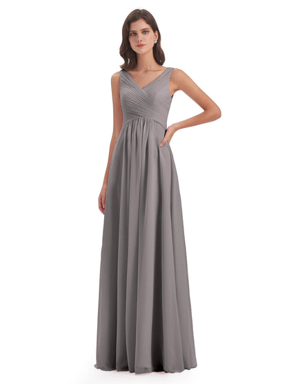 Evalyn V-neck Straps Chiffon Long Bridesmaid Dresses