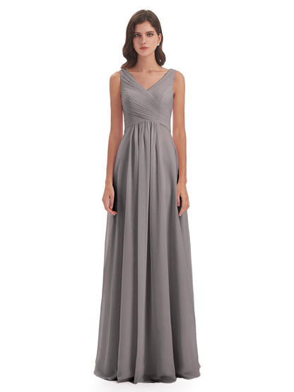 Evalyn V-neck Straps Chiffon Long Bridesmaid Dresses