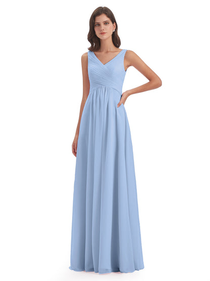 Evalyn V-neck Straps Chiffon Long Bridesmaid Dresses