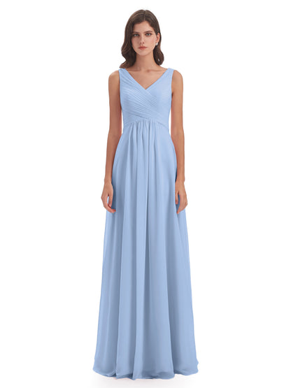 Evalyn V-neck Straps Chiffon Long Bridesmaid Dresses