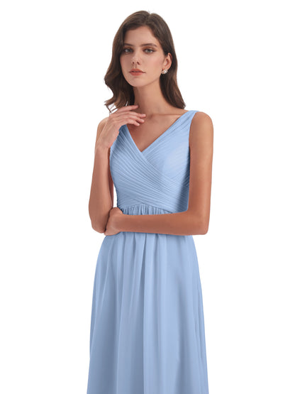 Evalyn V-neck Straps Chiffon Long Bridesmaid Dresses
