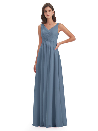 Evalyn V-neck Straps Chiffon Long Bridesmaid Dresses