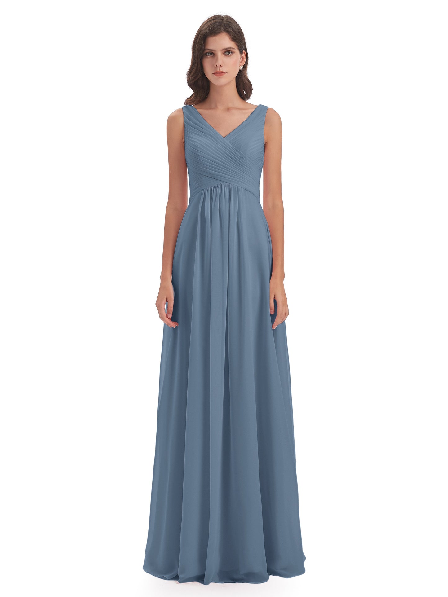 Evalyn V-neck Straps Chiffon Long Bridesmaid Dresses