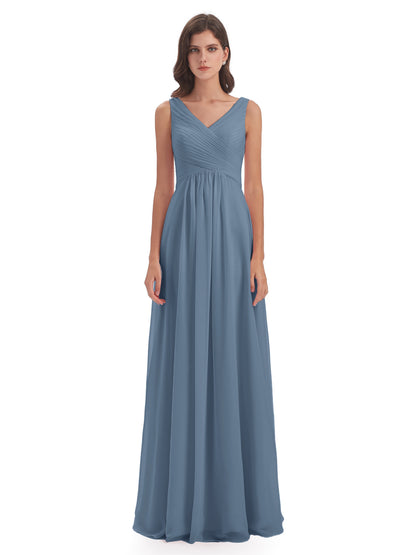 Evalyn V-neck Straps Chiffon Long Bridesmaid Dresses