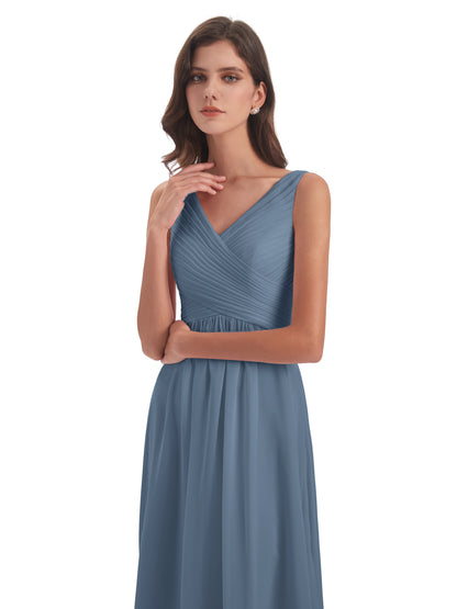Evalyn V-neck Straps Chiffon Long Bridesmaid Dresses