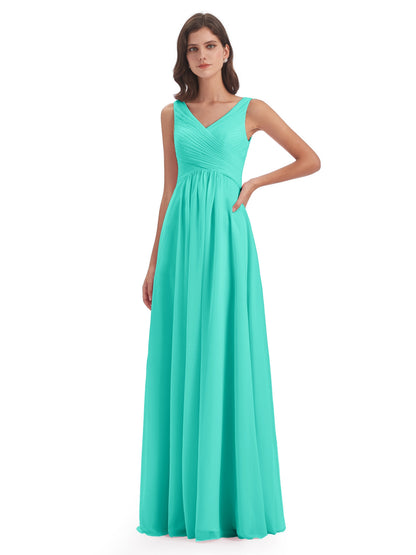 Evalyn V-neck Straps Chiffon Long Bridesmaid Dresses
