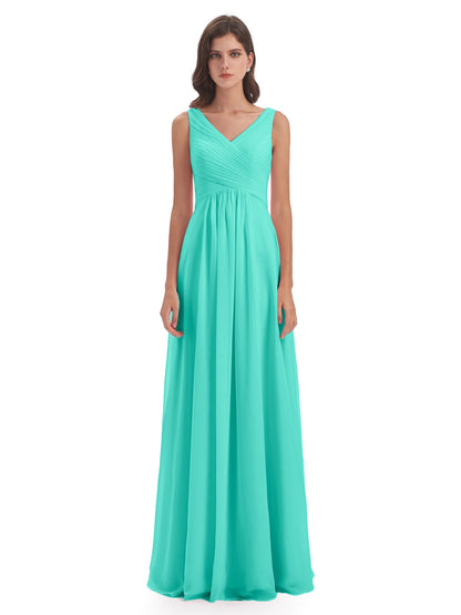 Evalyn V-neck Straps Chiffon Long Bridesmaid Dresses