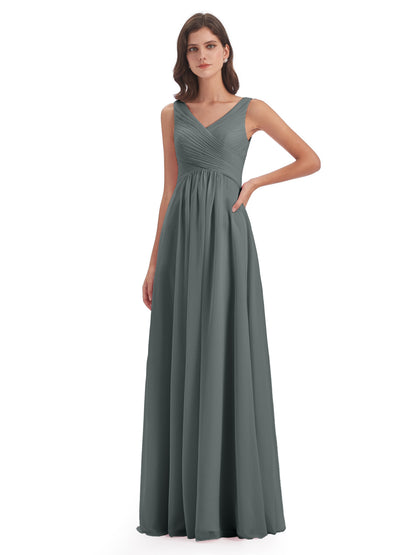 Evalyn V-neck Straps Chiffon Long Bridesmaid Dresses