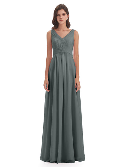 Evalyn V-neck Straps Chiffon Long Bridesmaid Dresses