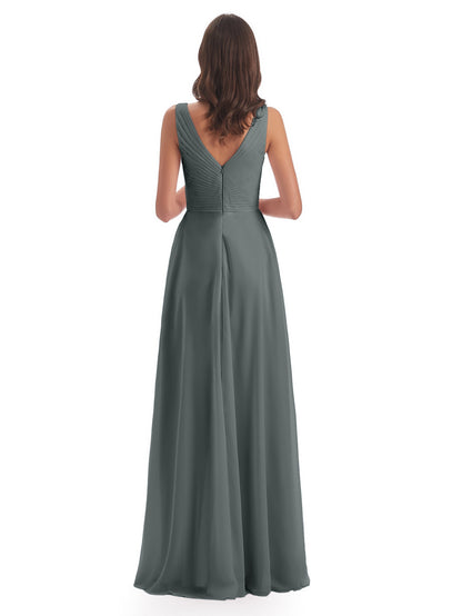 Evalyn V-neck Straps Chiffon Long Bridesmaid Dresses