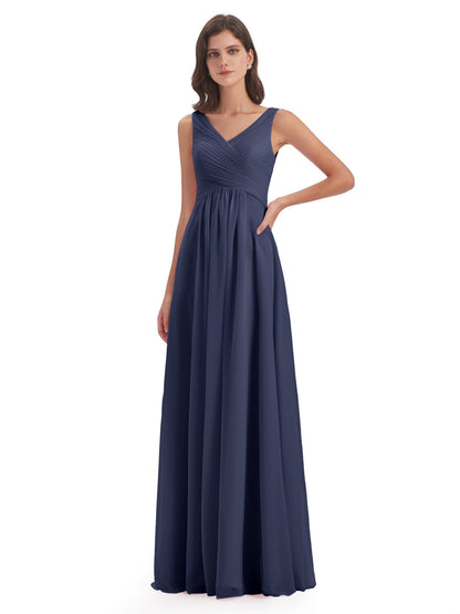 Evalyn V-neck Straps Chiffon Long Bridesmaid Dresses