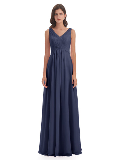 Evalyn V-neck Straps Chiffon Long Bridesmaid Dresses