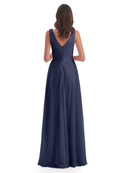 Evalyn V-neck Straps Chiffon Long Bridesmaid Dresses