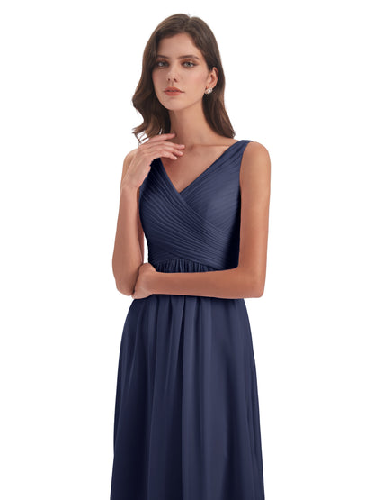 Evalyn V-neck Straps Chiffon Long Bridesmaid Dresses