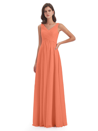 Evalyn V-neck Straps Chiffon Long Bridesmaid Dresses