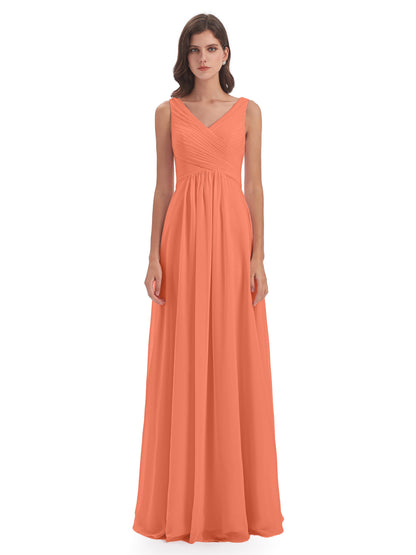 Evalyn V-neck Straps Chiffon Long Bridesmaid Dresses