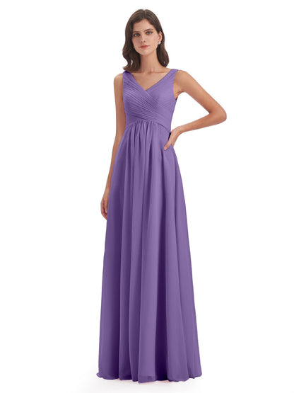 Evalyn V-neck Straps Chiffon Long Bridesmaid Dresses
