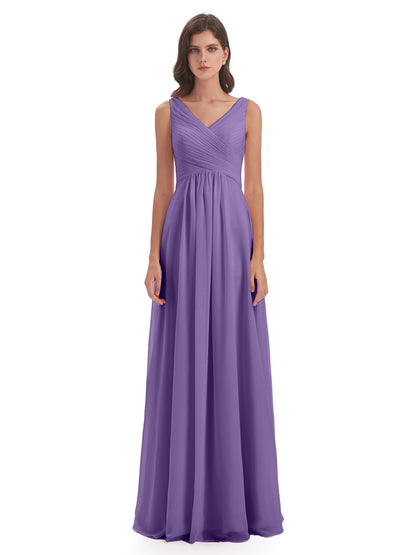 Evalyn V-neck Straps Chiffon Long Bridesmaid Dresses