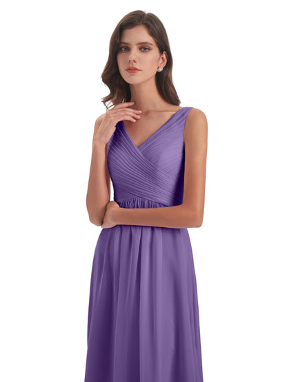 Evalyn V-neck Straps Chiffon Long Bridesmaid Dresses