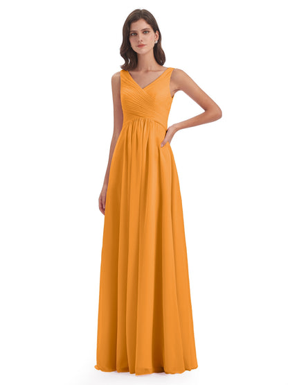 Evalyn V-neck Straps Chiffon Long Bridesmaid Dresses
