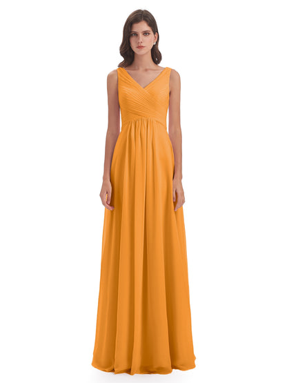 Evalyn V-neck Straps Chiffon Long Bridesmaid Dresses
