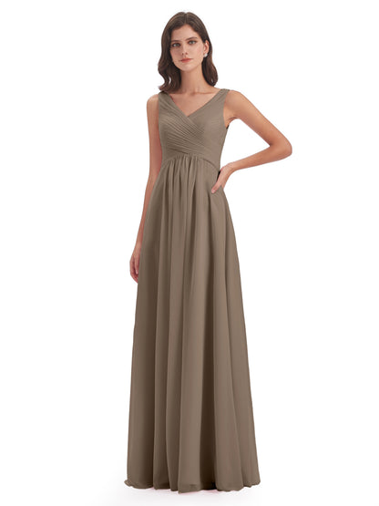 Evalyn V-neck Straps Chiffon Long Bridesmaid Dresses