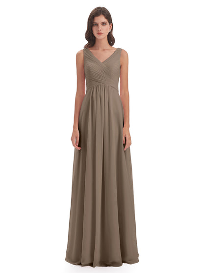 Evalyn V-neck Straps Chiffon Long Bridesmaid Dresses