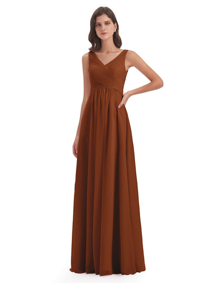 Evalyn V-neck Straps Chiffon Long Bridesmaid Dresses