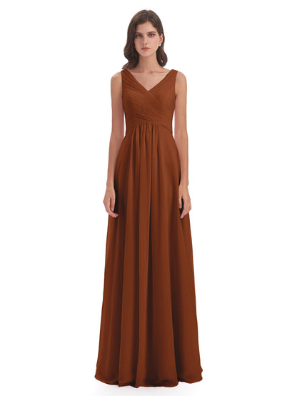 Evalyn V-neck Straps Chiffon Long Bridesmaid Dresses
