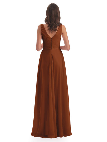 Evalyn V-neck Straps Chiffon Long Bridesmaid Dresses