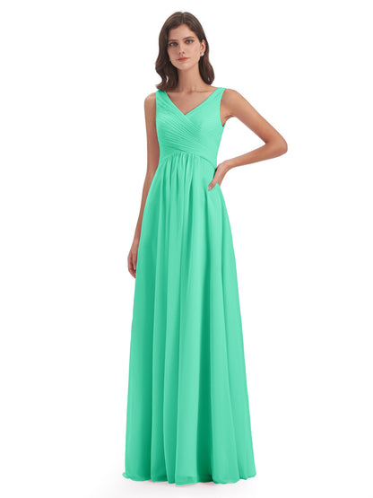 Evalyn V-neck Straps Chiffon Long Bridesmaid Dresses