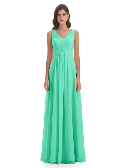Evalyn V-neck Straps Chiffon Long Bridesmaid Dresses