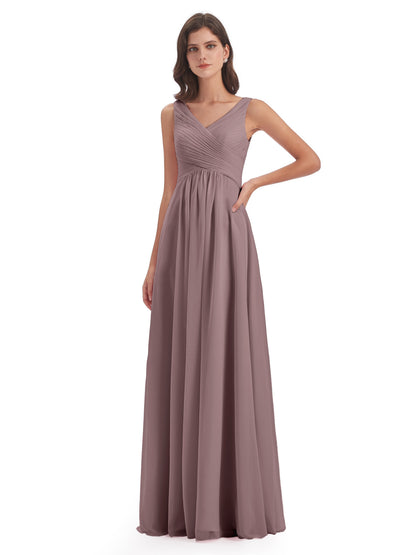 Evalyn V-neck Straps Chiffon Long Bridesmaid Dresses