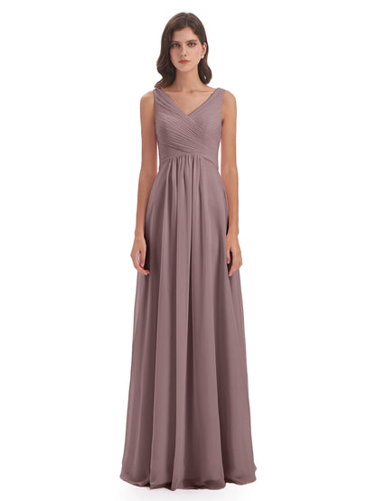 Evalyn V-neck Straps Chiffon Long Bridesmaid Dresses