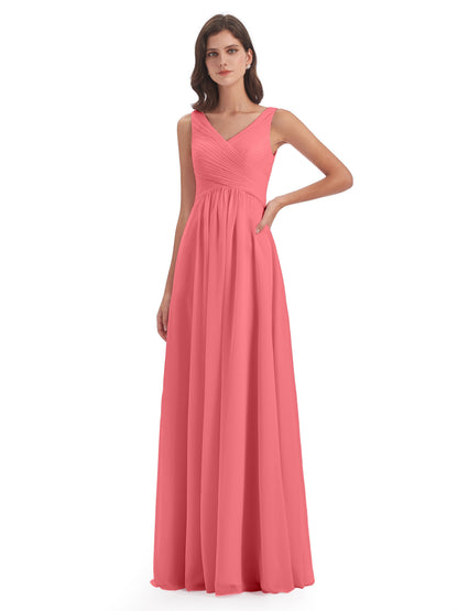 Evalyn V-neck Straps Chiffon Long Bridesmaid Dresses