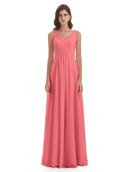 Evalyn V-neck Straps Chiffon Long Bridesmaid Dresses