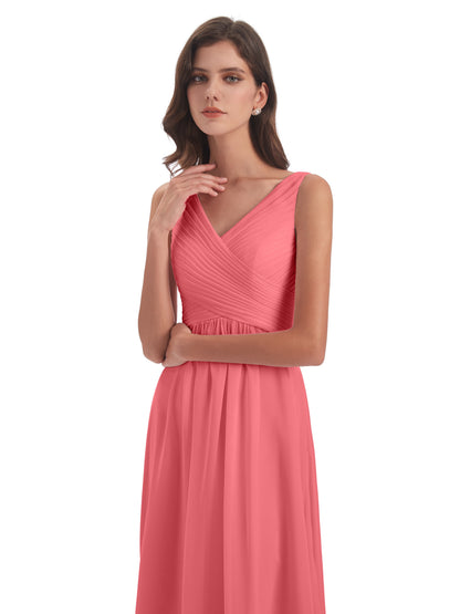Evalyn V-neck Straps Chiffon Long Bridesmaid Dresses