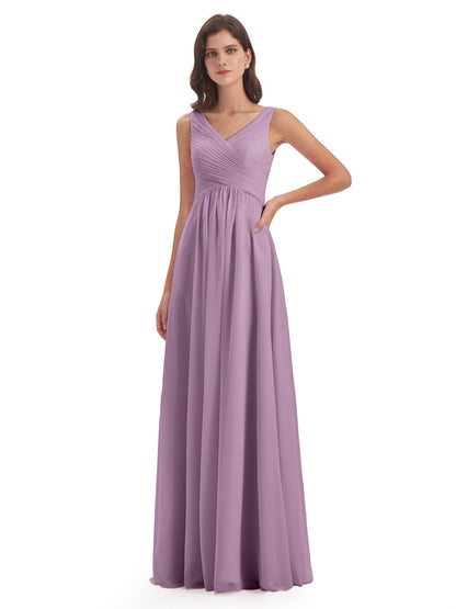 Evalyn V-neck Straps Chiffon Long Bridesmaid Dresses
