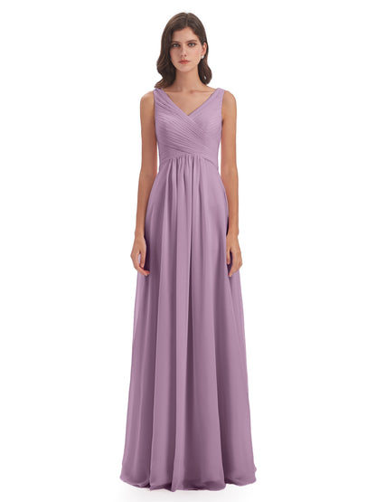 Evalyn V-neck Straps Chiffon Long Bridesmaid Dresses
